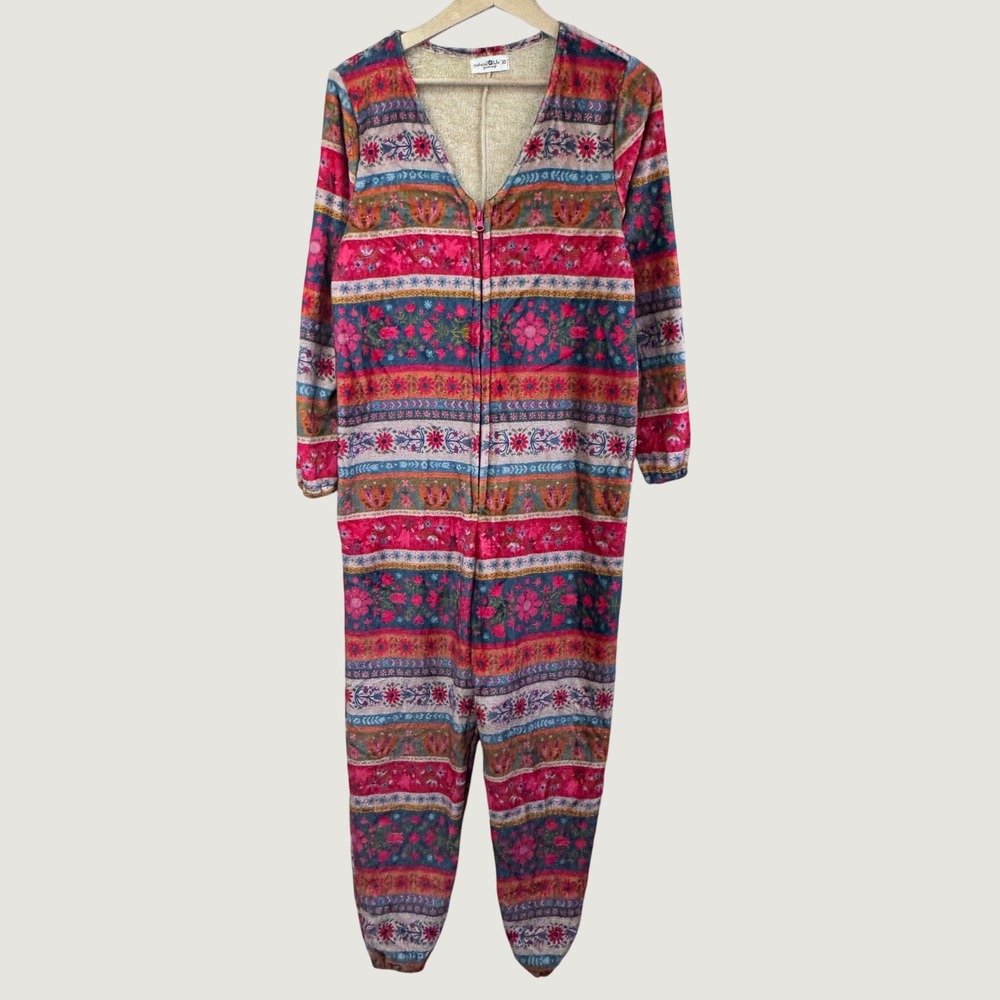 Natural Life Jumpsuit Onesie XS Pink Floral Boho Fleece Loungewear Cozy Pajamas